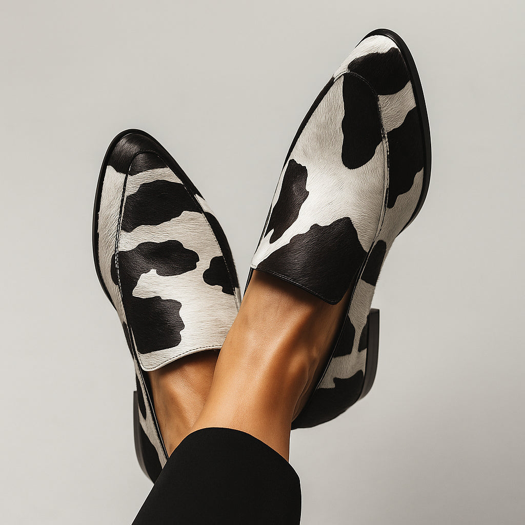 Black and white cow print pointed toe loafer shown from the side