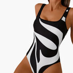 Women's black and white graphic scoop neck one piece swimsuit, front view