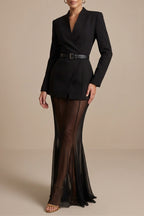 Women's belted blazer and sheer maxi skirt set, full length front view