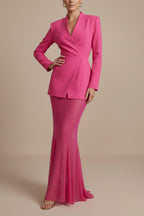 Model styling the two-piece set in three-quarter standing pose
