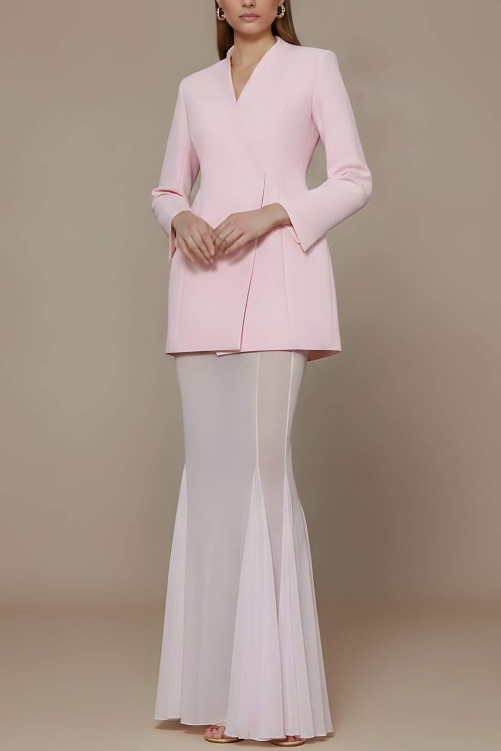 Back view of set showing blazer structure and skirt silhouette