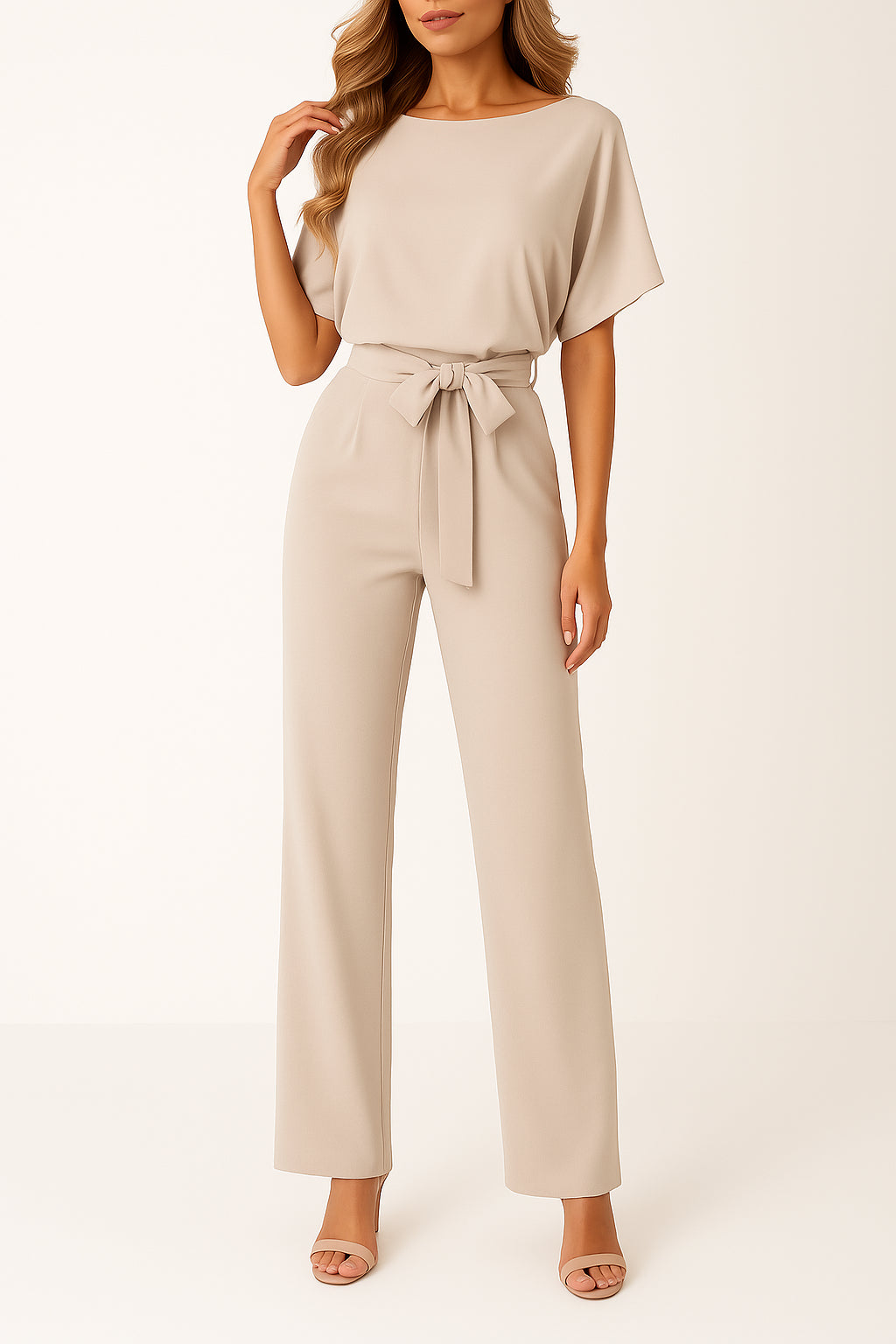 Close-up of self-tie belt detail cinching waist