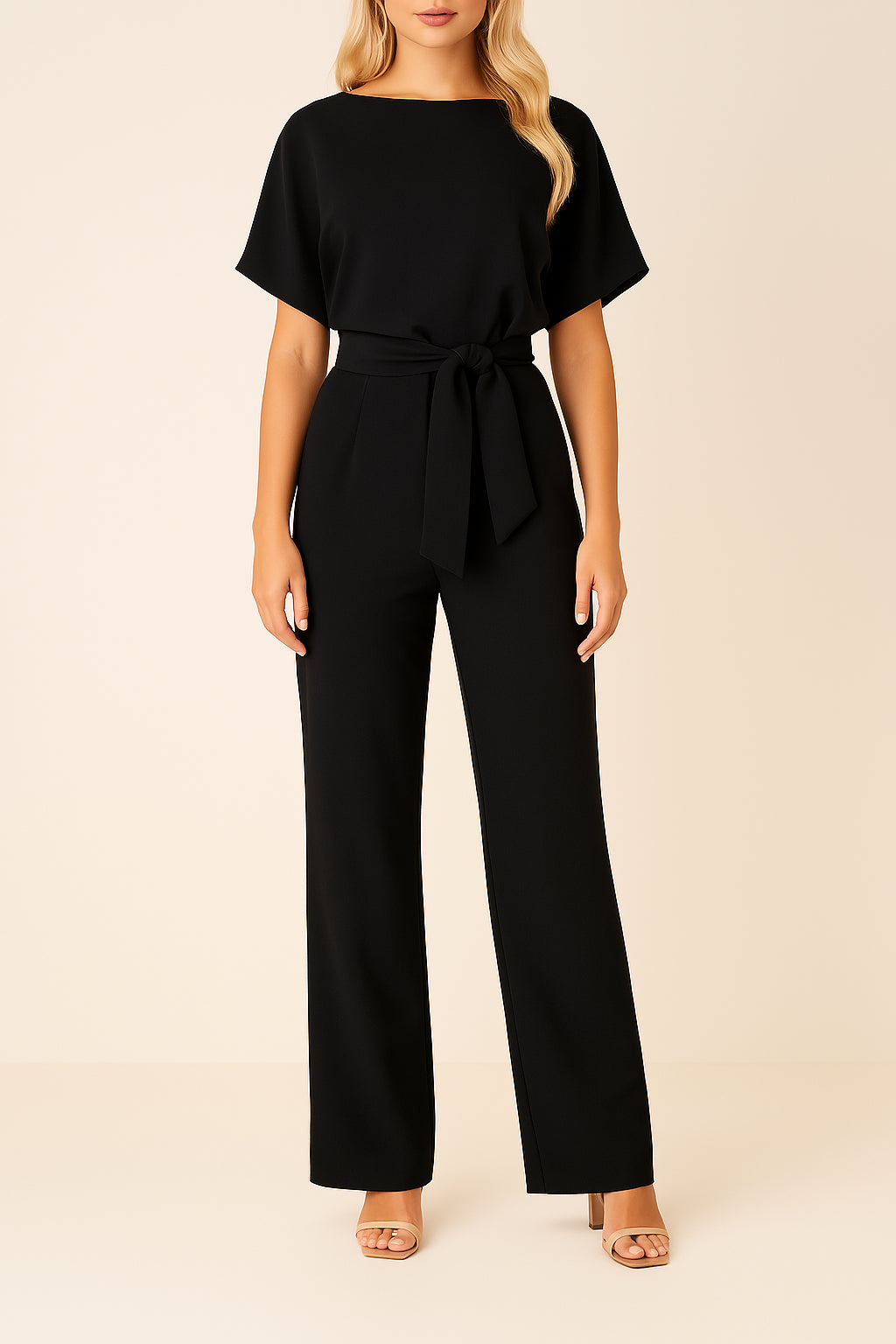 Woman wearing black belted wide leg jumpsuit, front view, full length