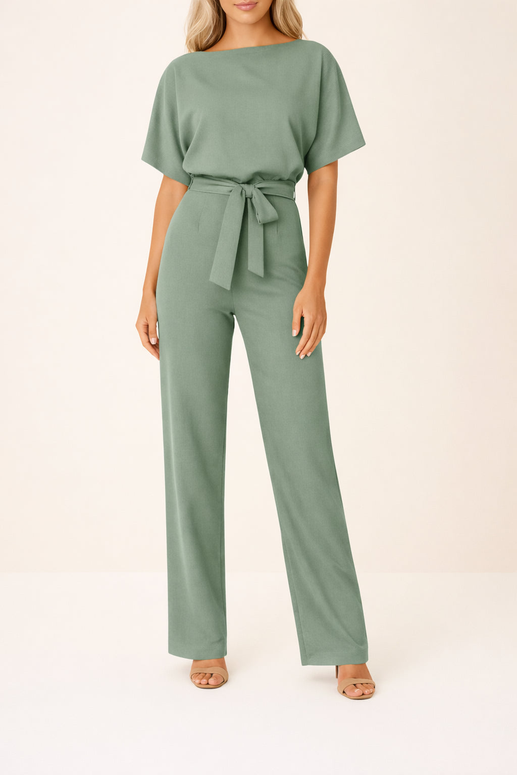 Back view of jumpsuit showing neckline and sleeve fit