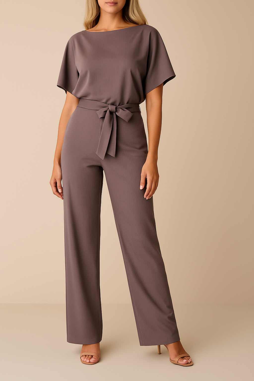 Woman in jumpsuit seated, showing wide leg drape