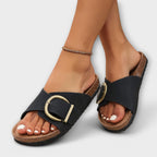 Women's cork footbed sandal with gold buckle, side view
