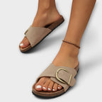 Cork footbed sandal, top-down view showing contoured insole