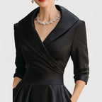 Detail shot of wrap-effect bodice and waist definition on dress