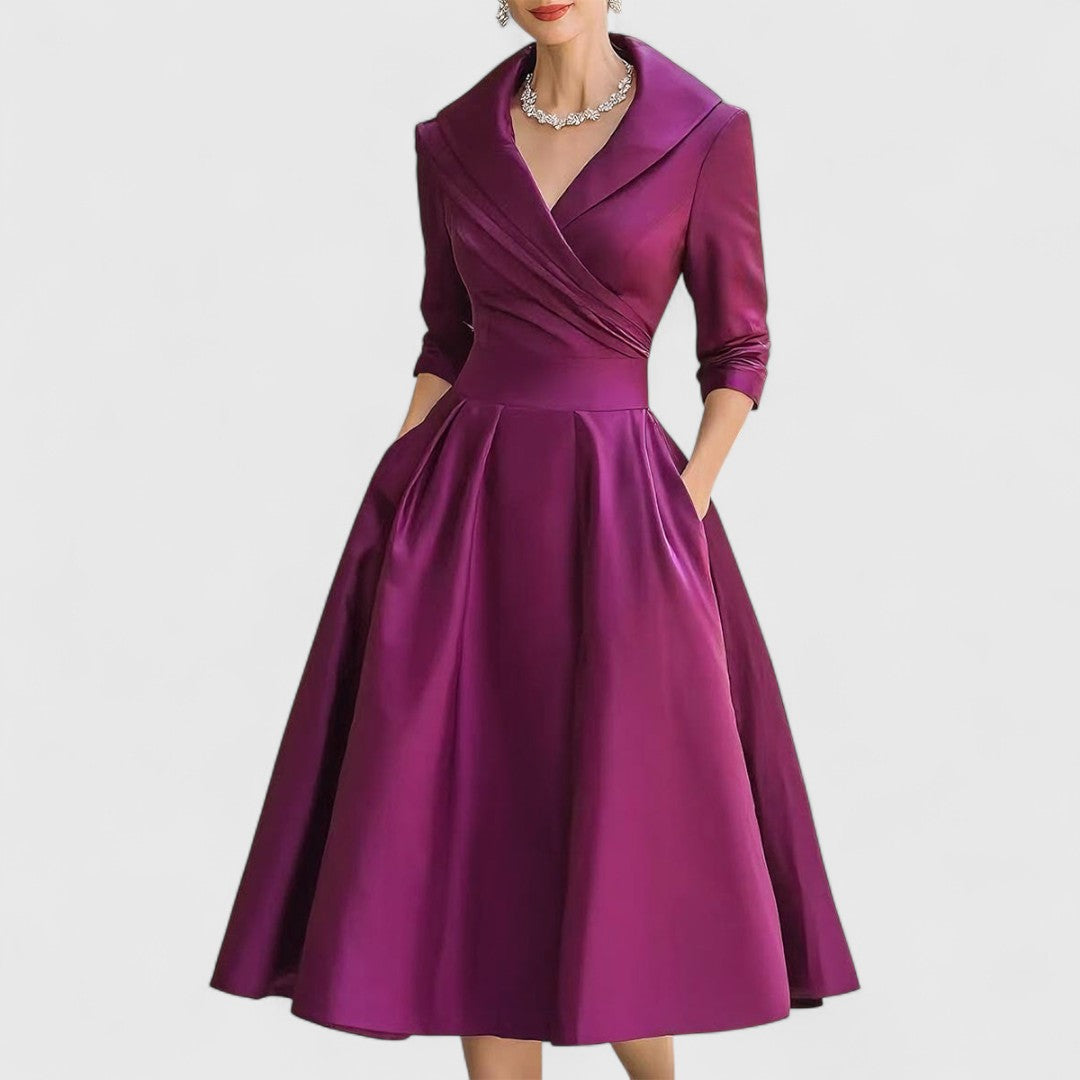 Women's Leather V-Neck 3/4 Sleeve Midi Dress