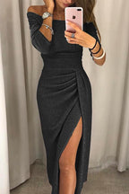 Women's glitter off-shoulder maxi dress with ruched waist and wrap skirt