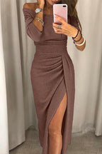 Back view of off-shoulder maxi dress with long sleeve detail