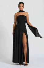 Black halter neck maxi dress with scarf detail, front view