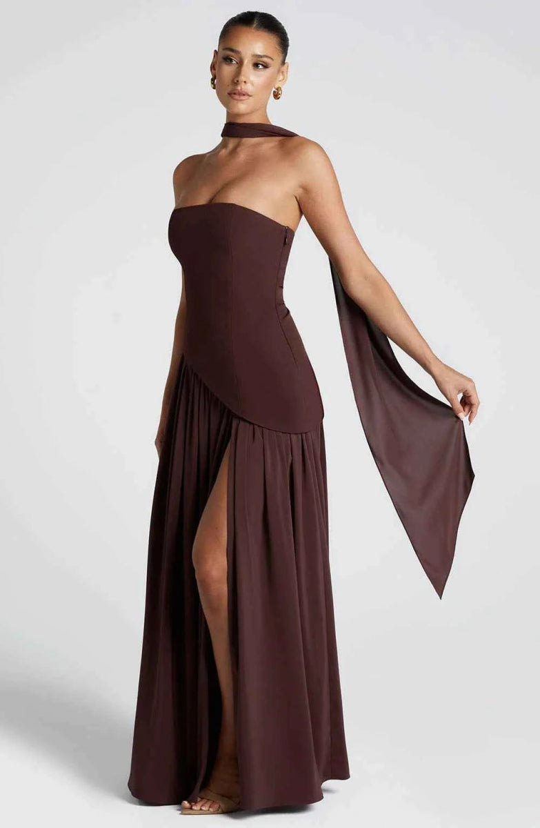 Model wearing halter maxi dress, full-length pose