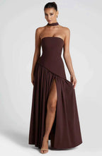 Side view showing high leg slit of maxi dress