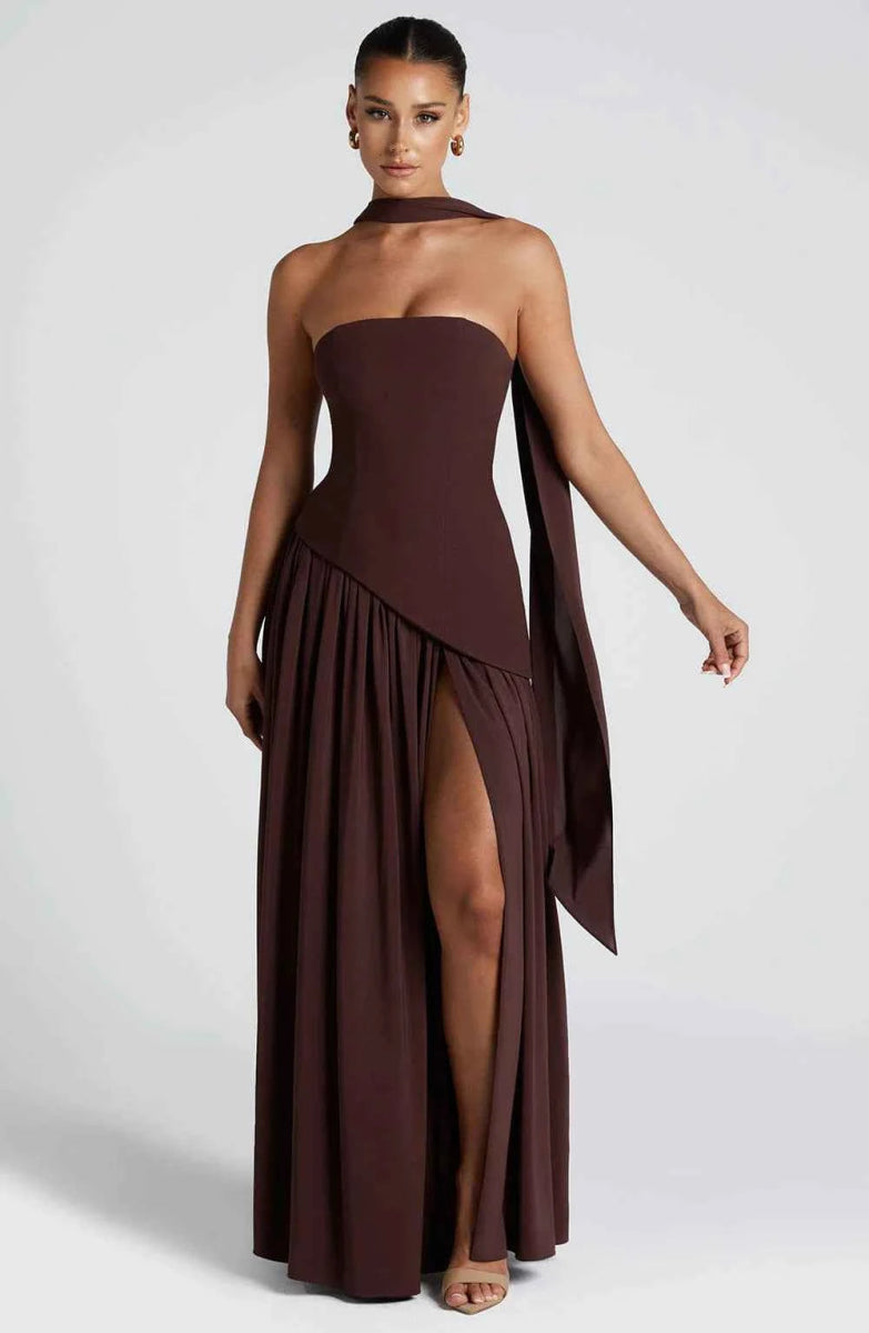 Back view of strapless bodice and scarf detail