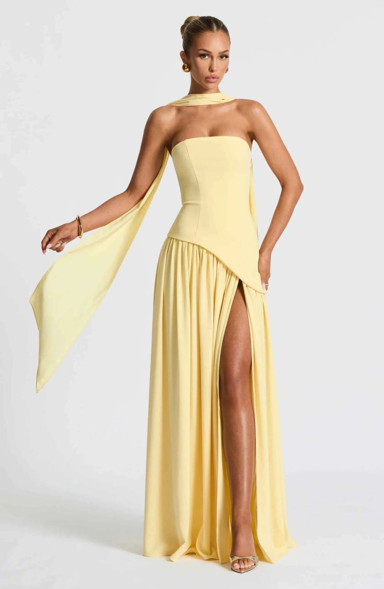 Close-up of halter neckline and scarf draping detail
