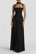 Close-up of square neckline and detachable choker strap detail