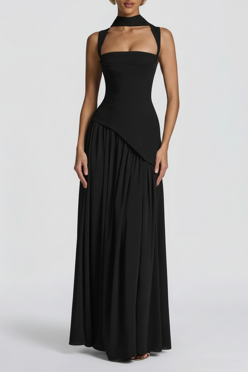 Close-up of square neckline and detachable choker strap detail