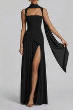 Black maxi dress with choker neck and high side slit, front view