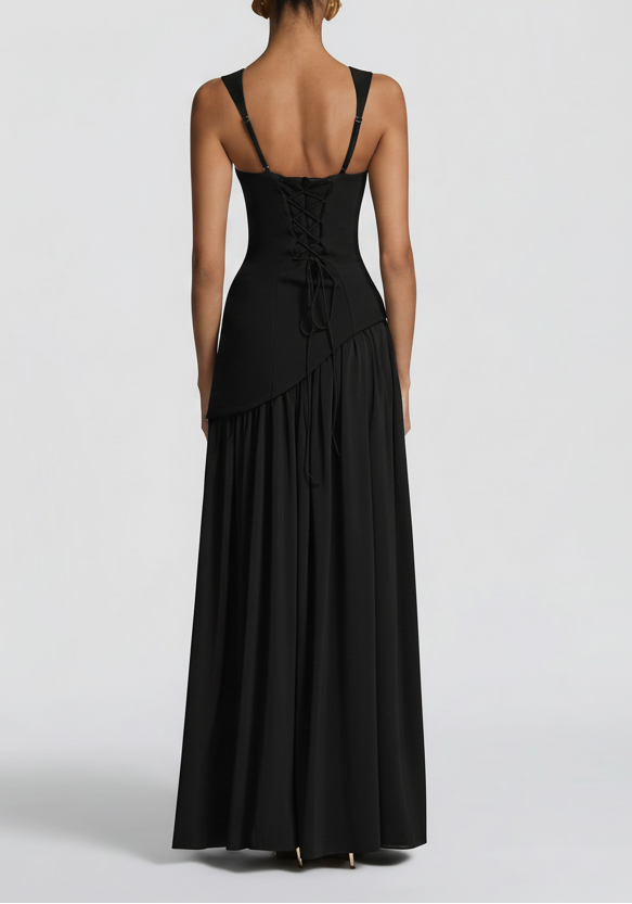 Model wearing black maxi dress, full-length standing pose