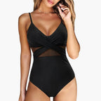 Black one-piece swimsuit with mesh insert panels, front view