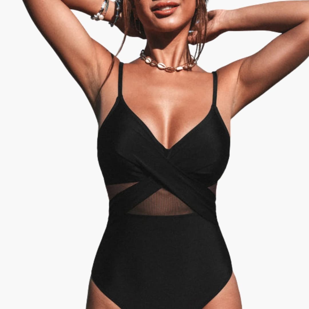 Women's Black Mesh Insert One Piece Swimsuit
