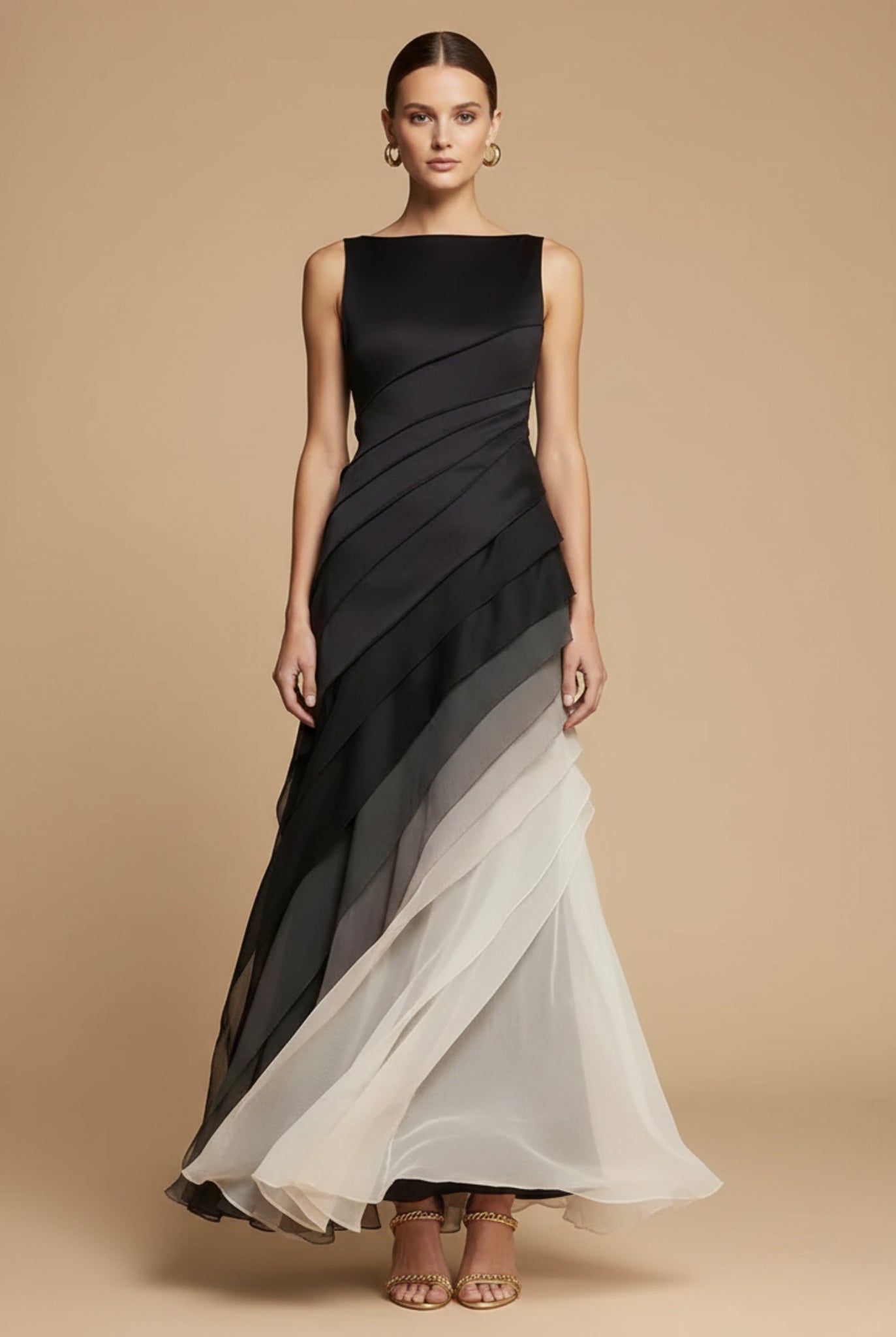 Black ombre chiffon maxi dress with boat neckline, full length front view