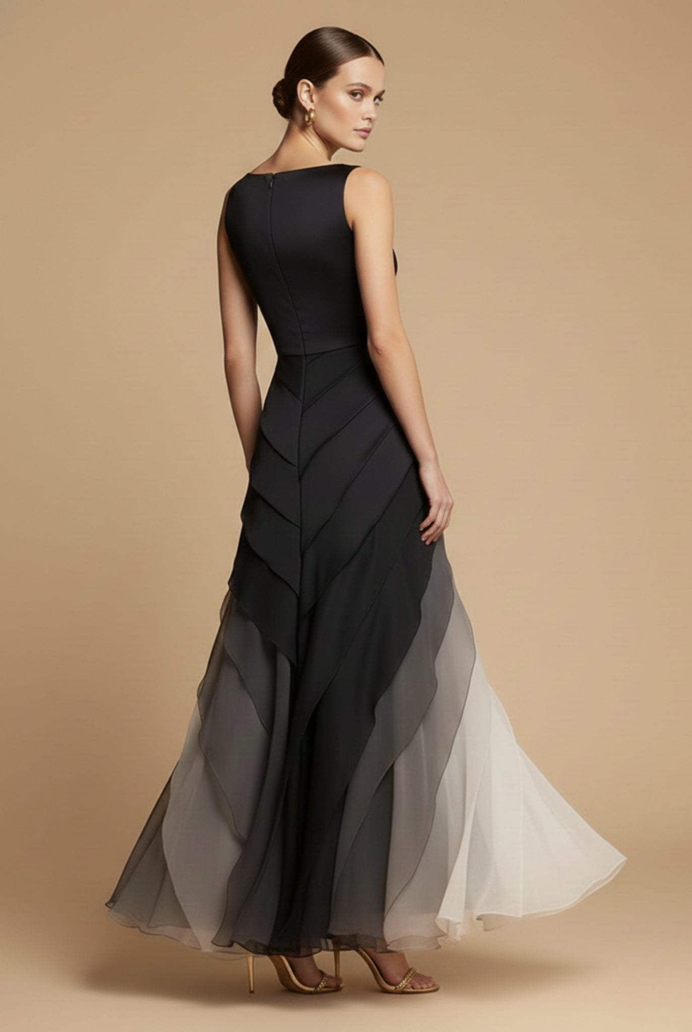 Close-up of boat neckline and fitted bodice detail on ombre chiffon dress