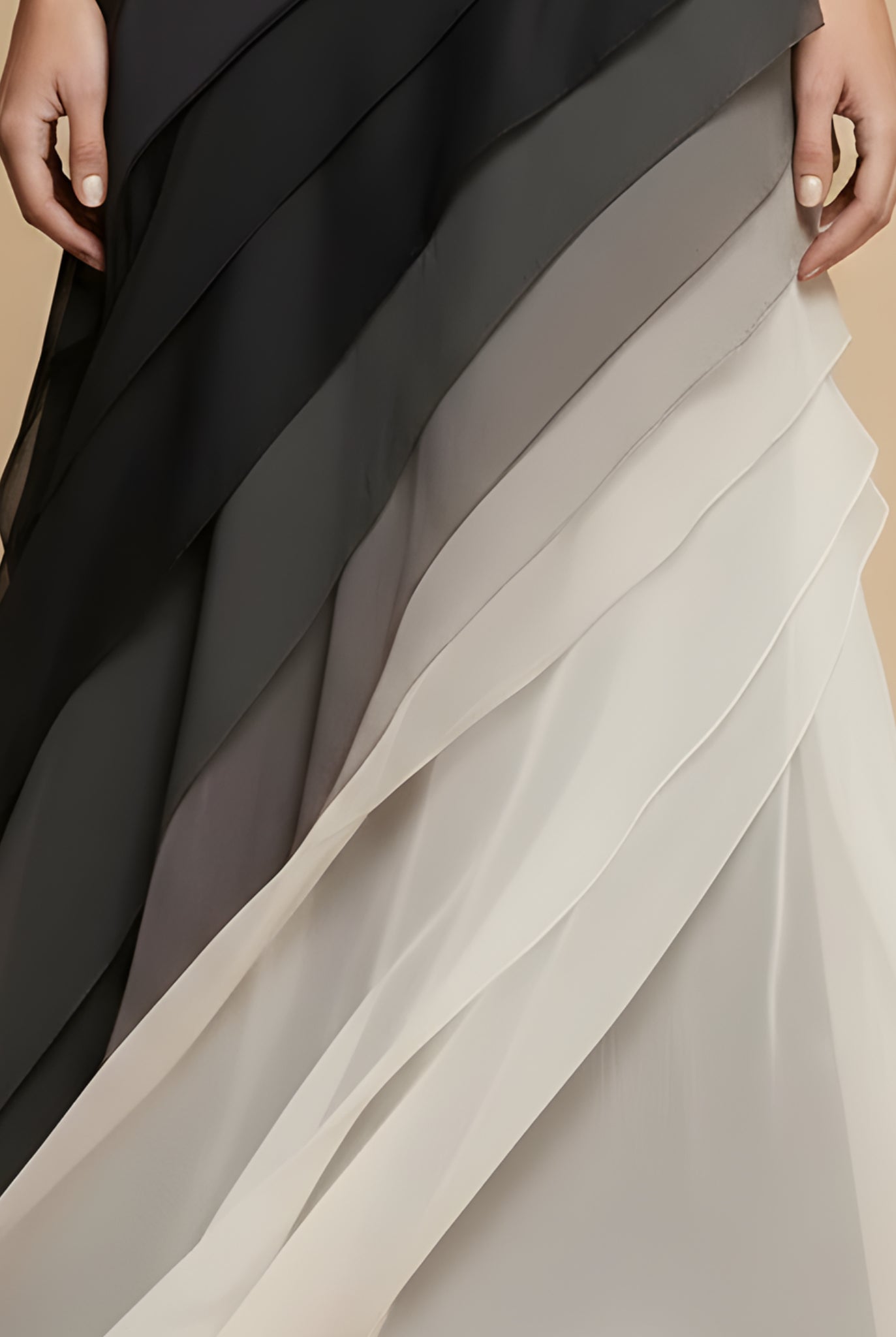 Back view of ombre maxi dress showing diagonal gradient and chiffon panel layers