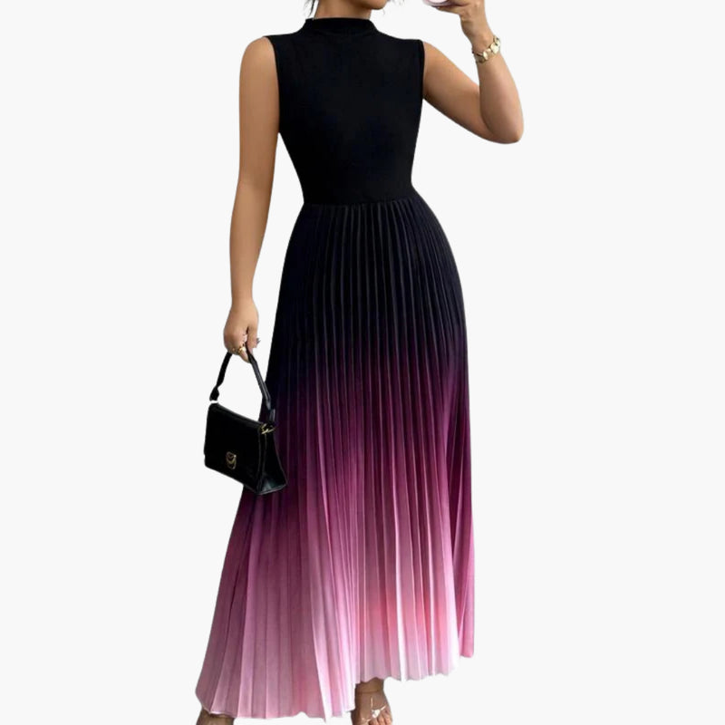 Women's black to pink ombre pleated sleeveless maxi dress, front view