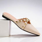 Front view of pointed toe mule with hardware detailing