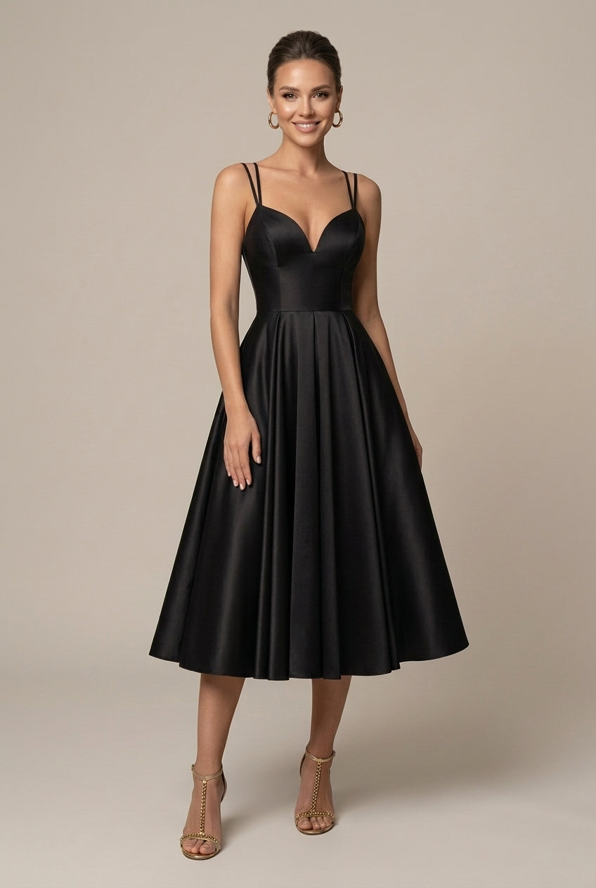 Women's Satin Double Strap Sweetheart Midi Dress