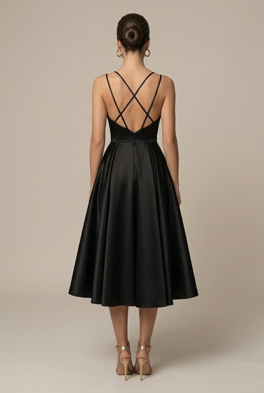 Women's Satin Double Strap Sweetheart Midi Dress