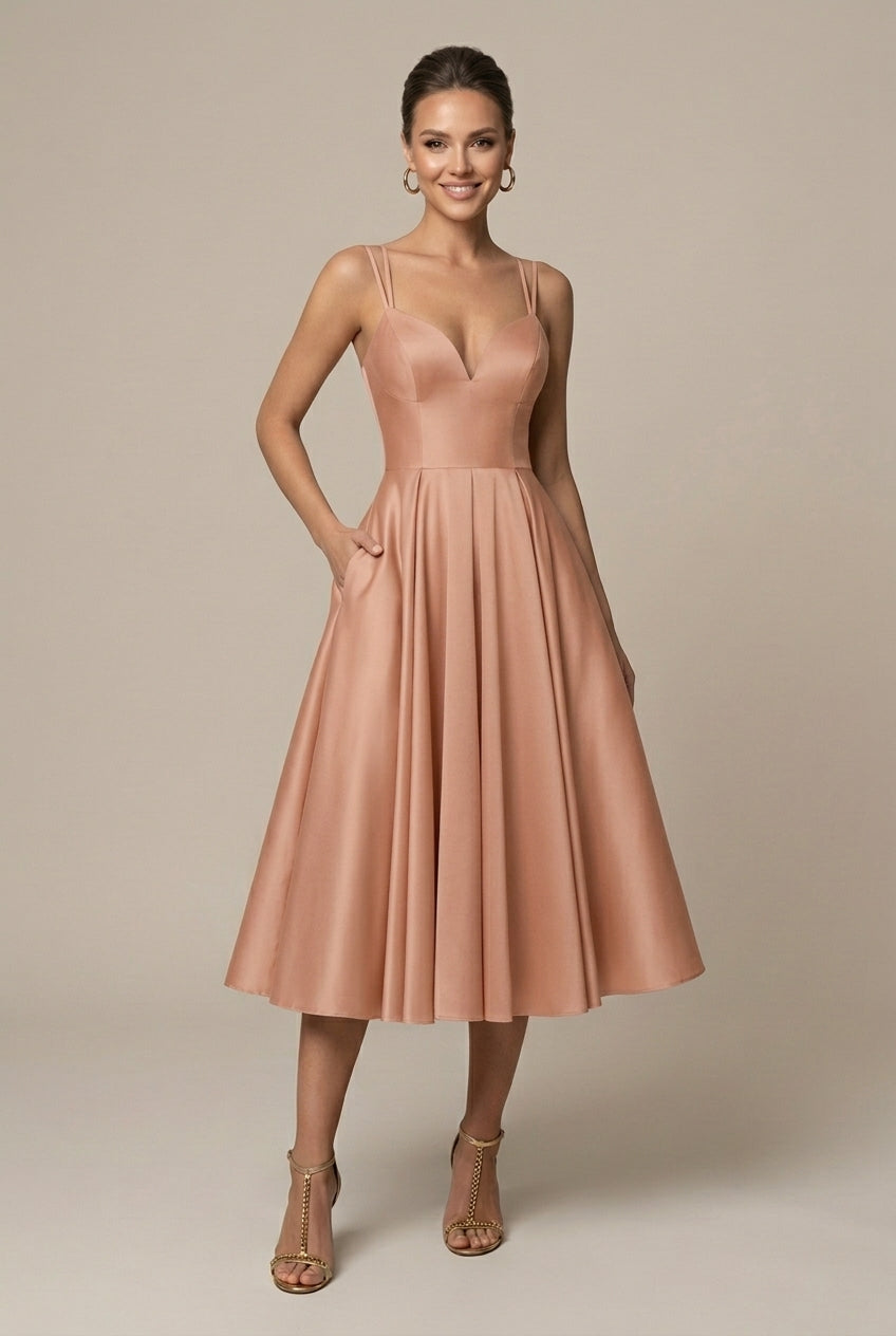 Women's Satin Double Strap Sweetheart Midi Dress