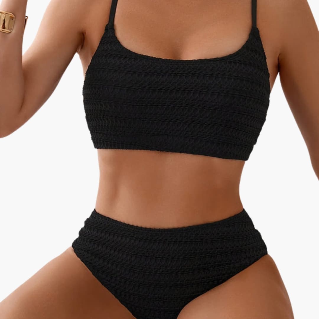 Women's textured high-waisted bikini set with scoop neck top displayed flat