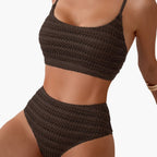 Close-up of bikini top neckline and spaghetti strap detail
