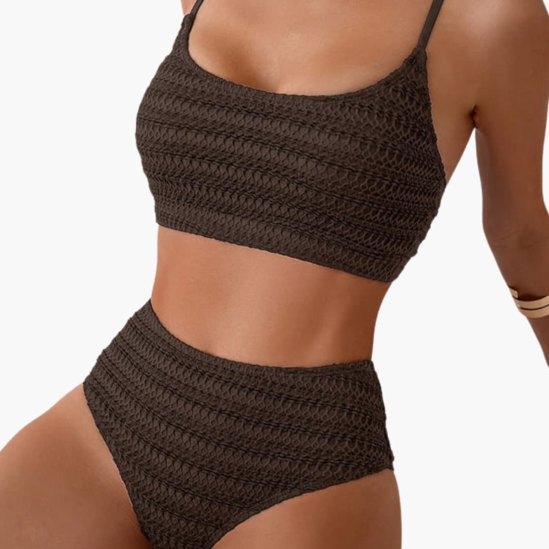 Close-up of bikini top neckline and spaghetti strap detail