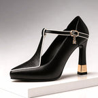 Women's T-strap court shoes in black vegan leather, front view