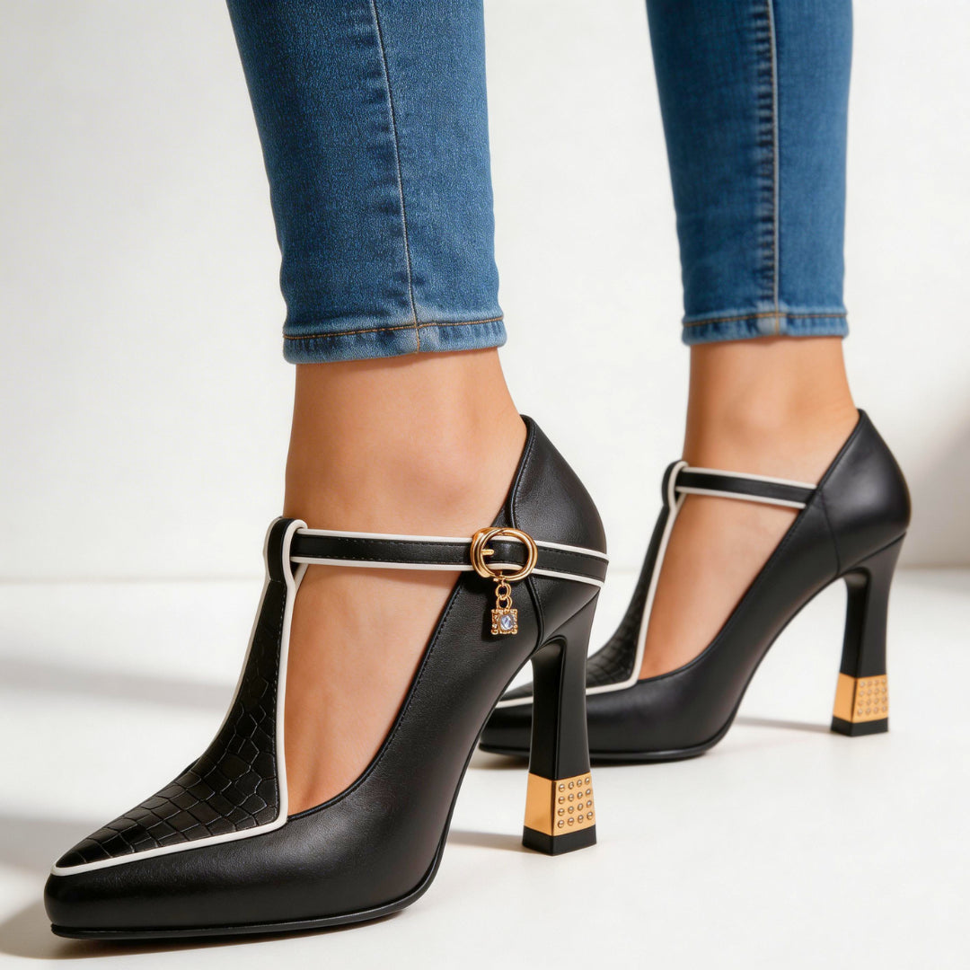 Back view of shoe displaying studded block heel