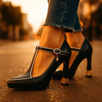 Detail shot of adjustable ankle buckle and hanging charm