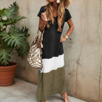 Women's colourblock maxi dress with V-neckline in black, white and khaki