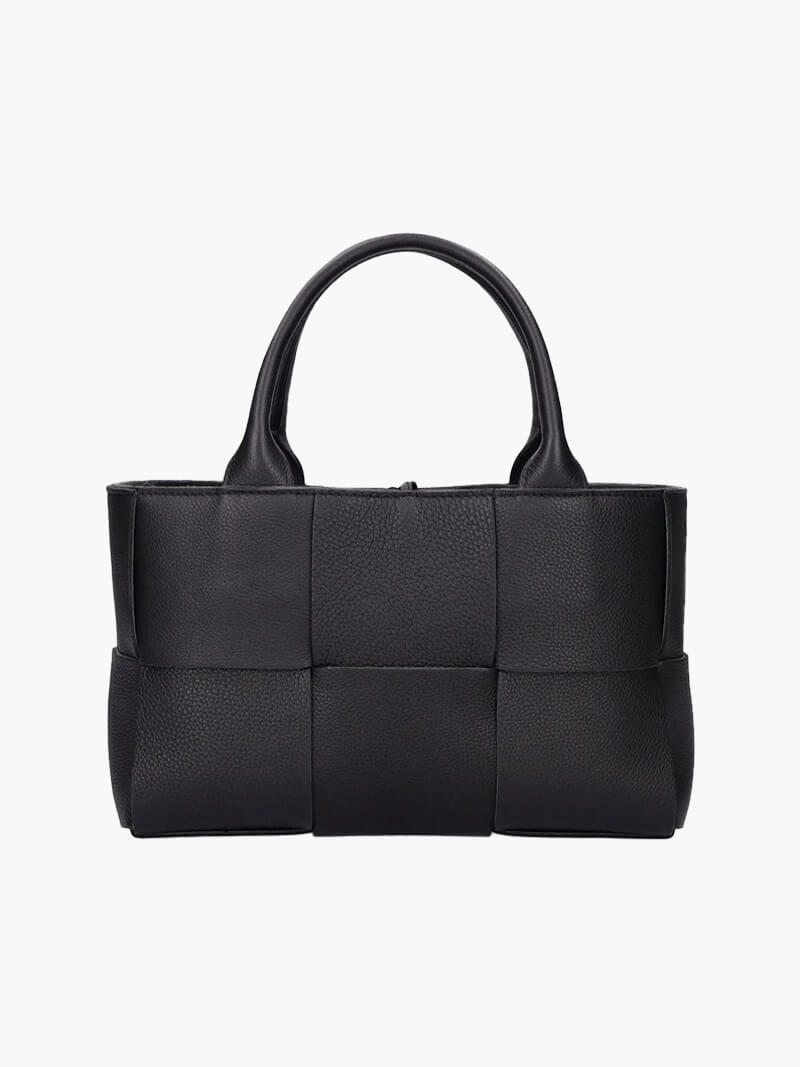 Women's woven leather tote bag with structured silhouette, front view