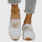 Top-down view of denim loafer displaying cushioned insole