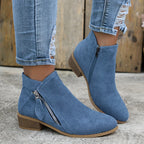 Women's denim ankle boots with block heel, front view