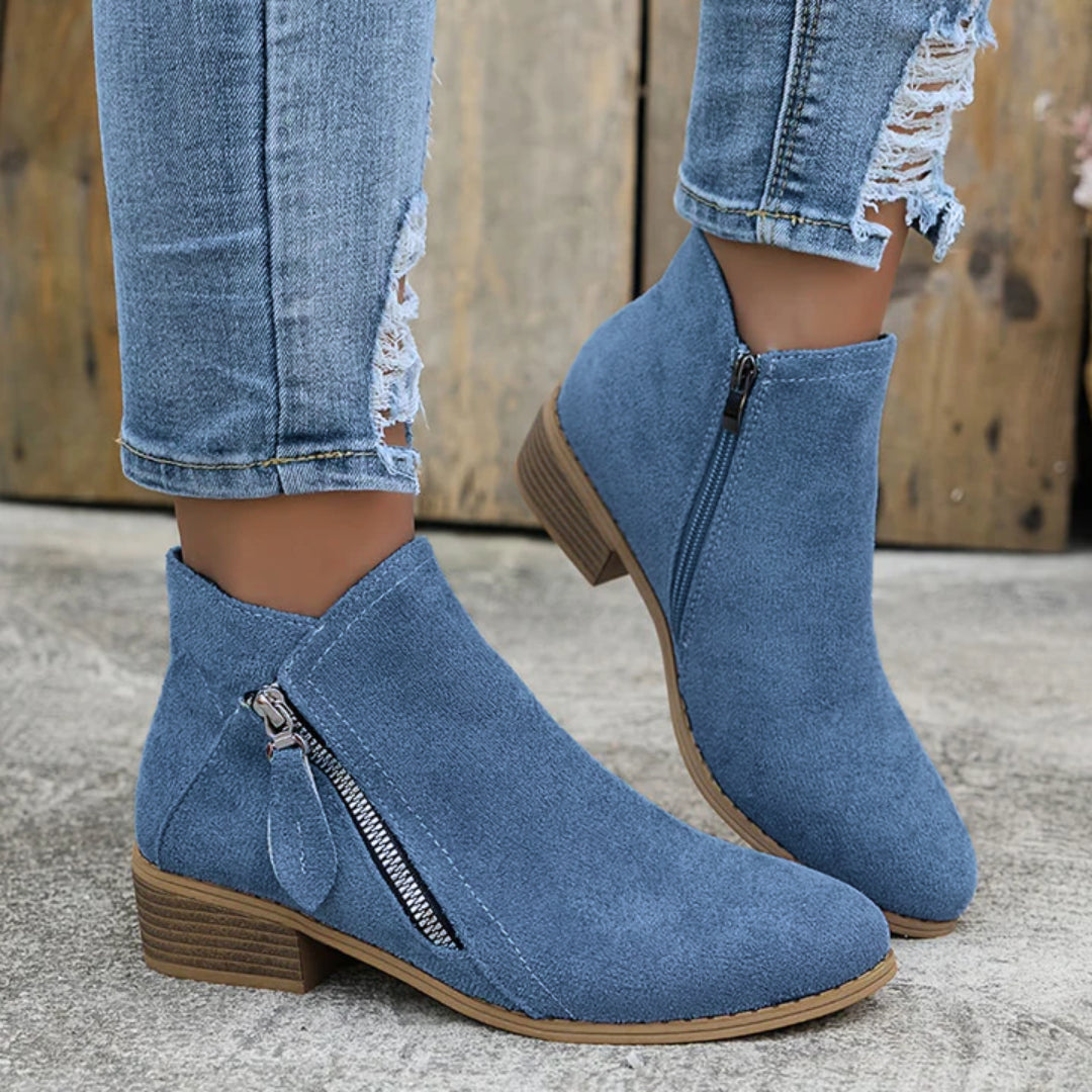 Women's denim ankle boots with block heel, front view