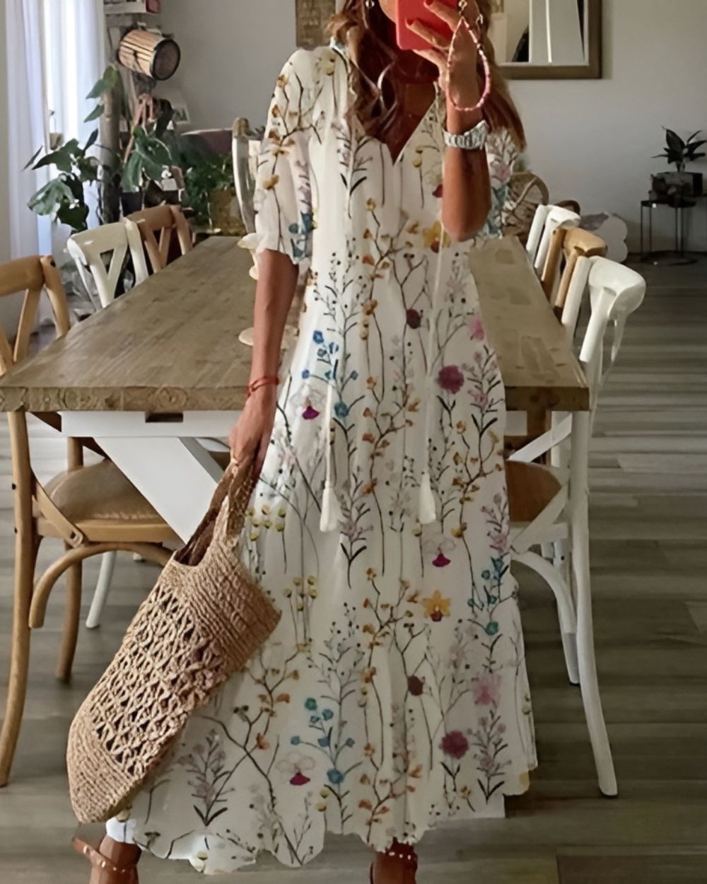 Back view of woman wearing blue ikat maxi dress