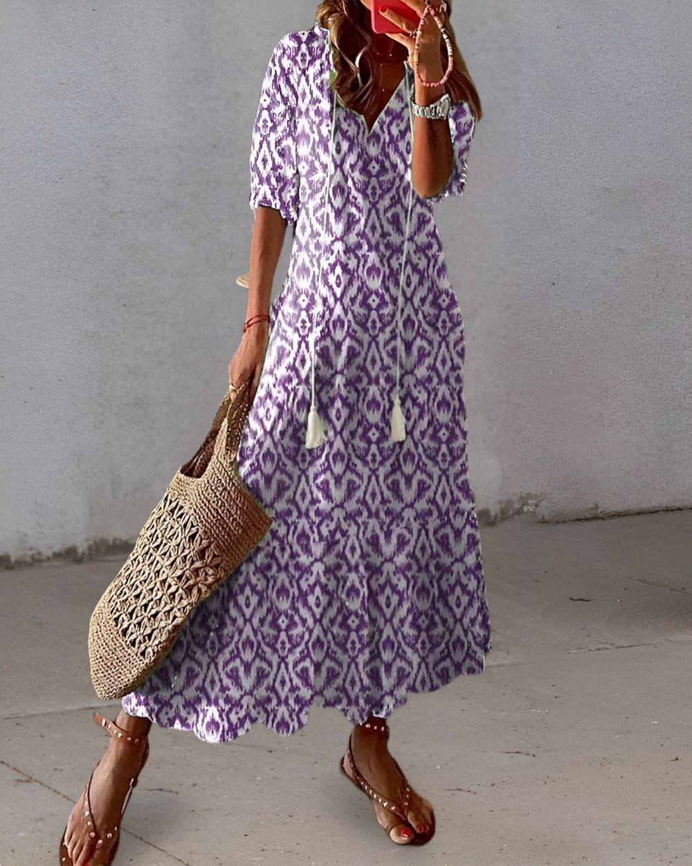 Close-up of ikat print pattern on maxi dress fabric