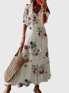 Model wearing dress in natural light, three-quarter stance