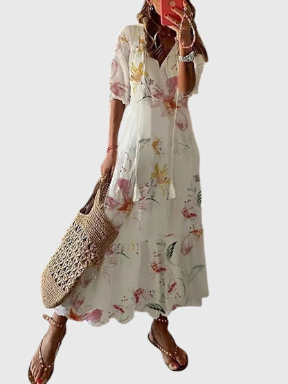 Ikat dress movement shot showing lightweight flowing fabric