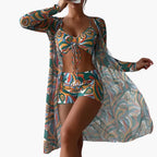 Model wearing halter bikini top with ruched drawstring detail and high-waisted bottoms